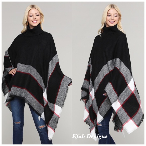 🥰LAST! Black Plaid Contrast Turtleneck Poncho! - Picture 2 of 5
